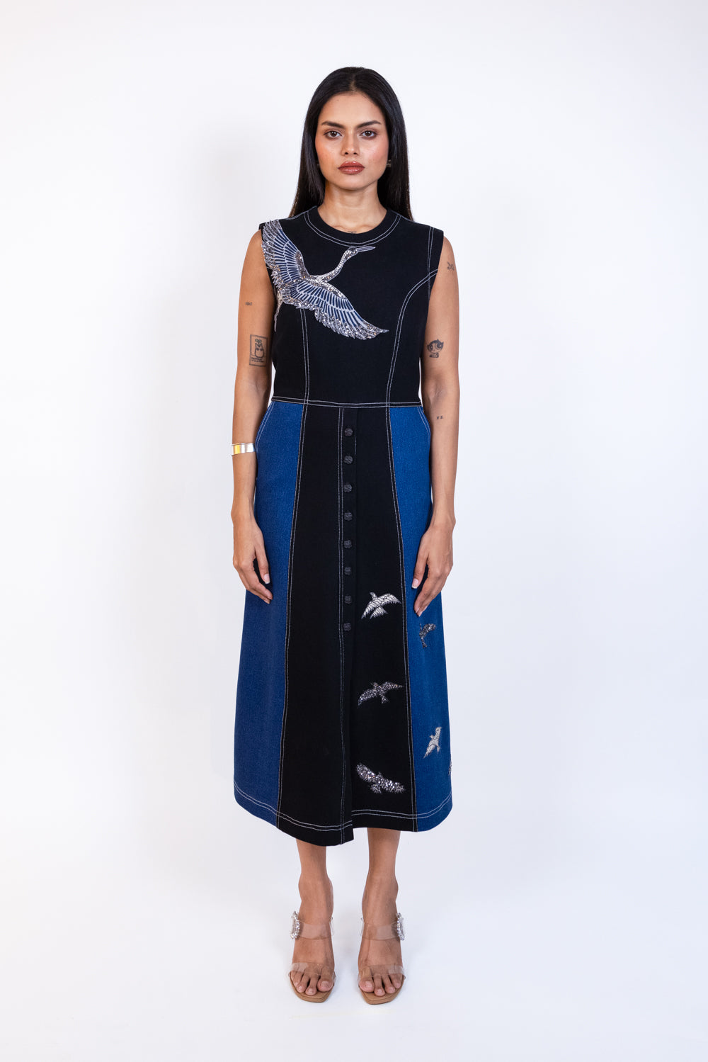 Black and Blue Sleeveless Denim Flamingo Button Midi Dress