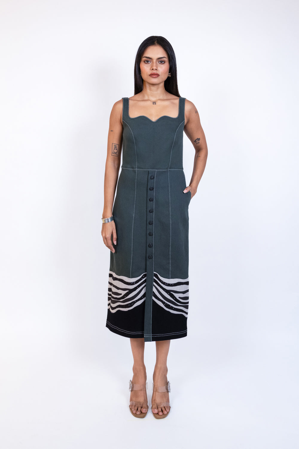 Green Sleeveless Denim Button Midi Dress