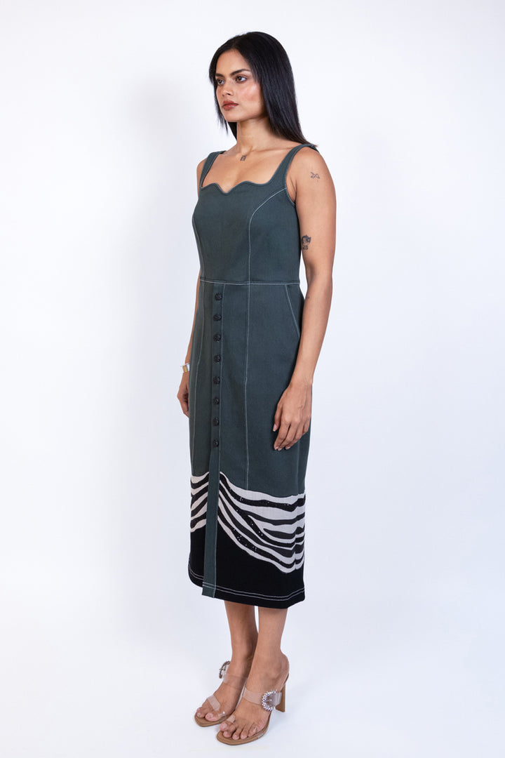 Green Sleeveless Denim Button Midi Dress