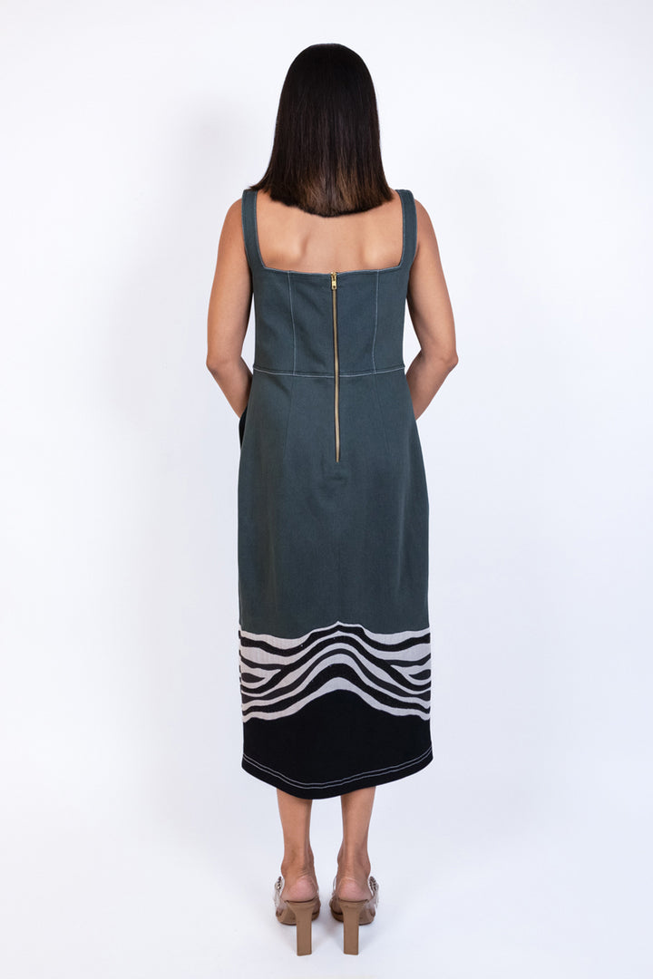 Green Sleeveless Denim Button Midi Dress