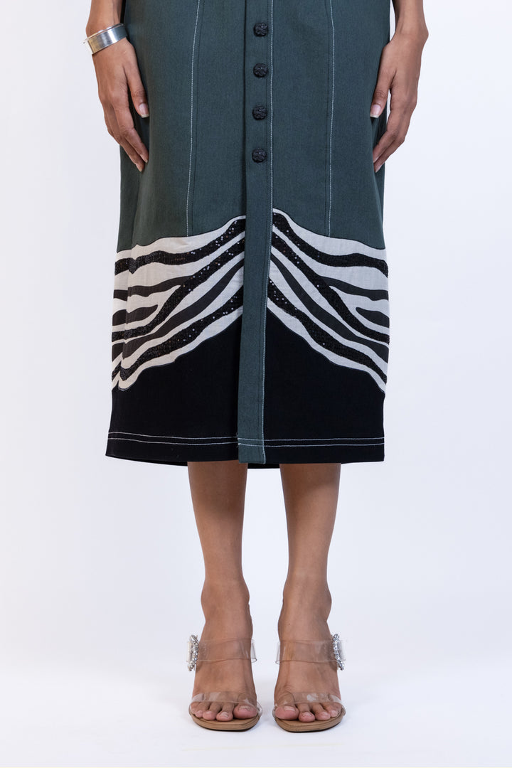 Green Sleeveless Denim Button Midi Dress