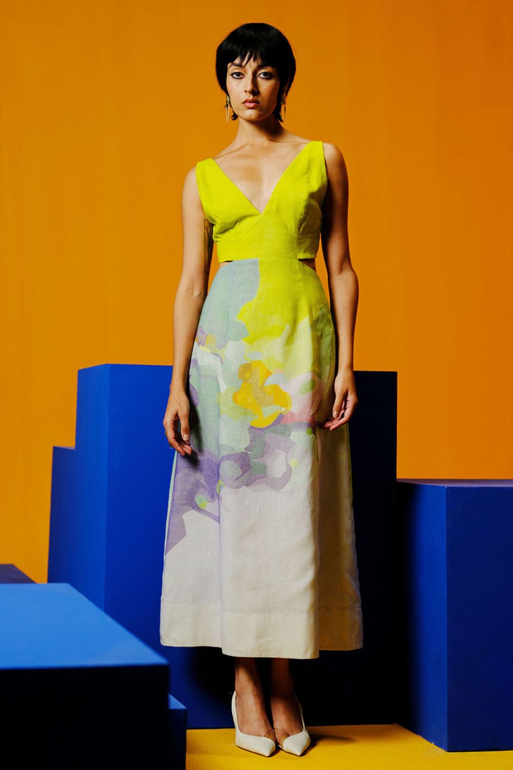 Diffuse neon blue & green cut-out dress
