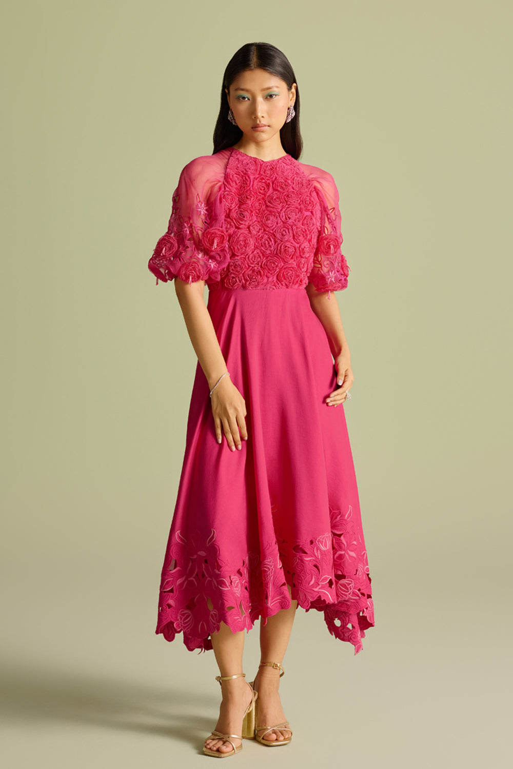 Fuchsia 3D Rose Applique & Cutwork Flounce Dress