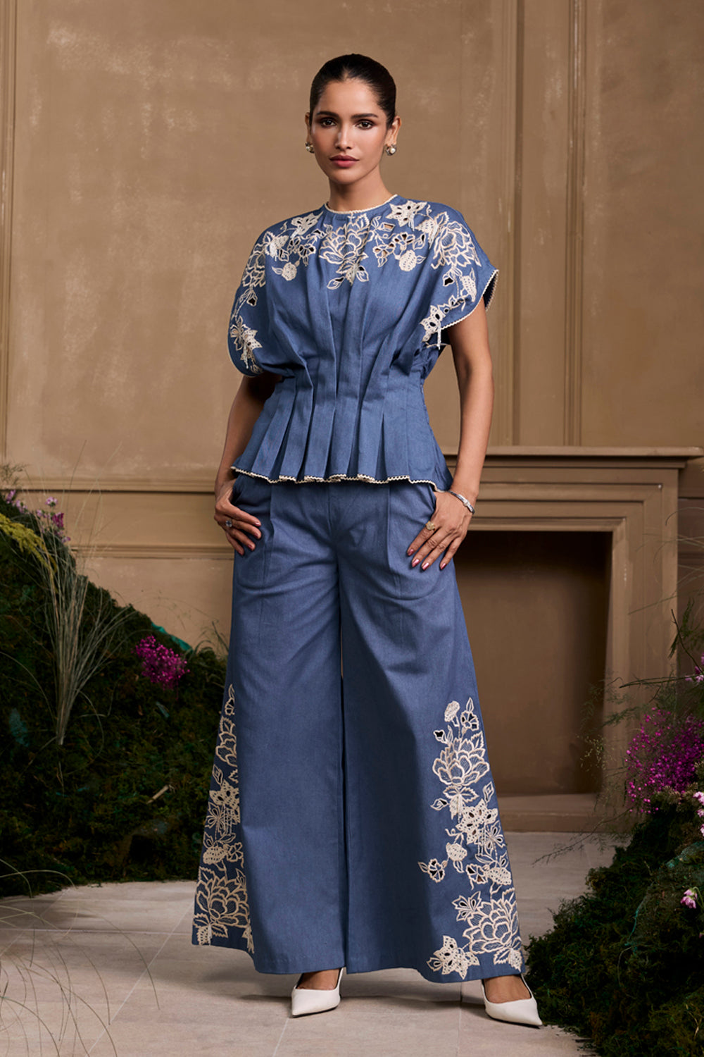 Blue Contrast Cutwork Flared Pants