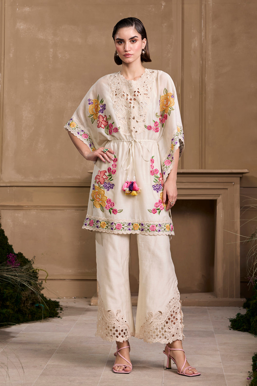 Ivory Floral Embroidered Yoke Detail Kaftan