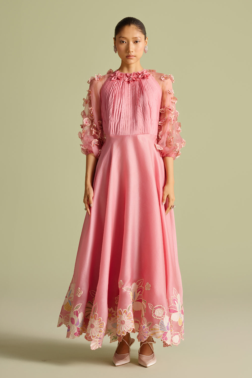 Pink Contrast Embroidered Flounce Dress