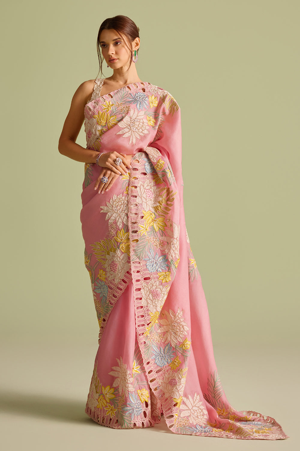 Pink Contrast Applique Embroidered Saree
