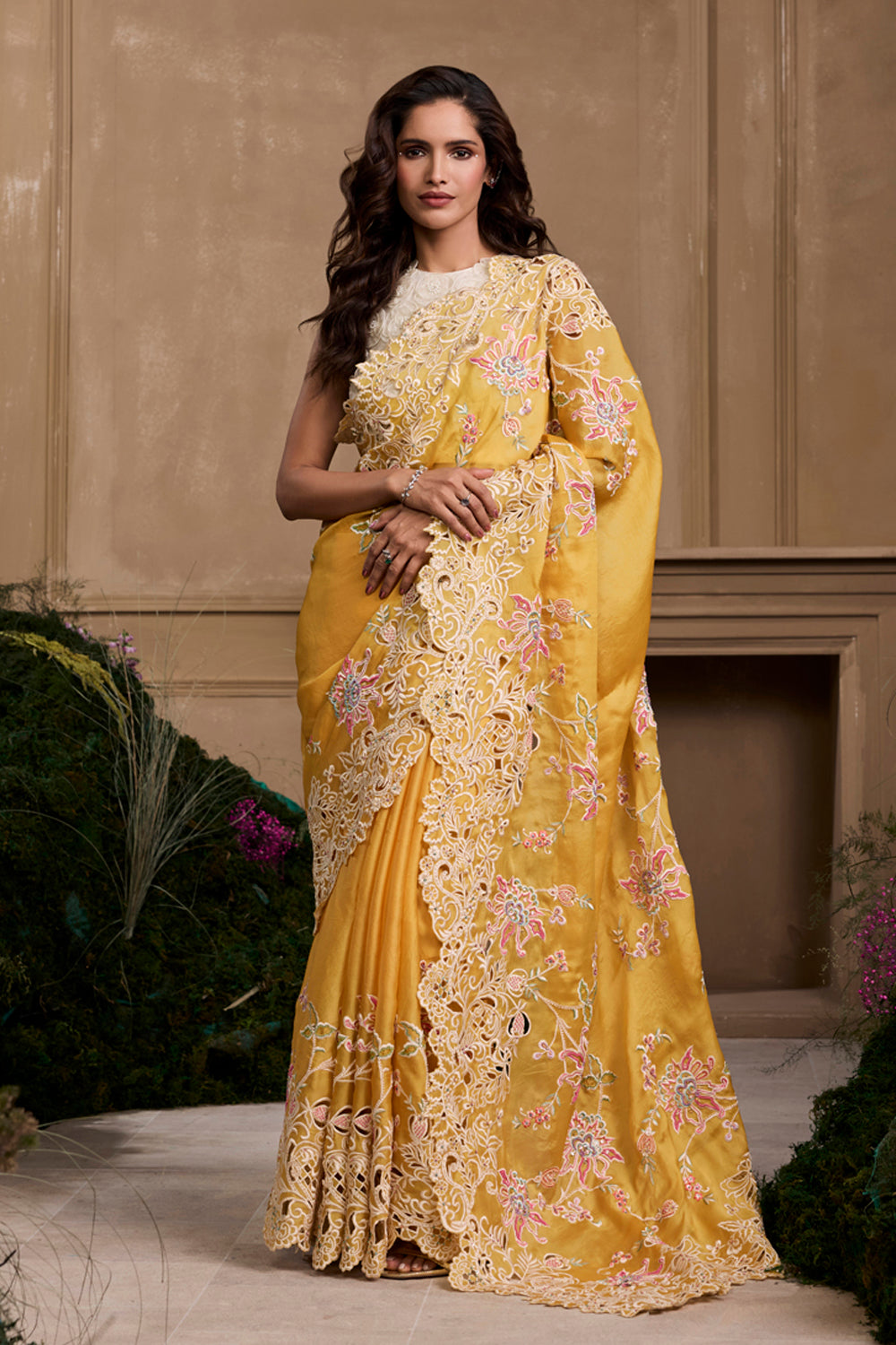 Yellow Contrast Cutwork Embroidered Saree