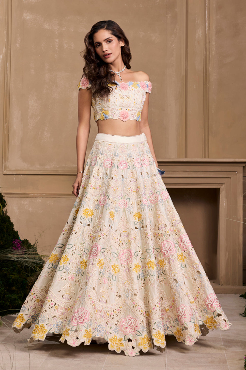 Ivory Pastel Florals Cutwork and Beadwork Lehenga