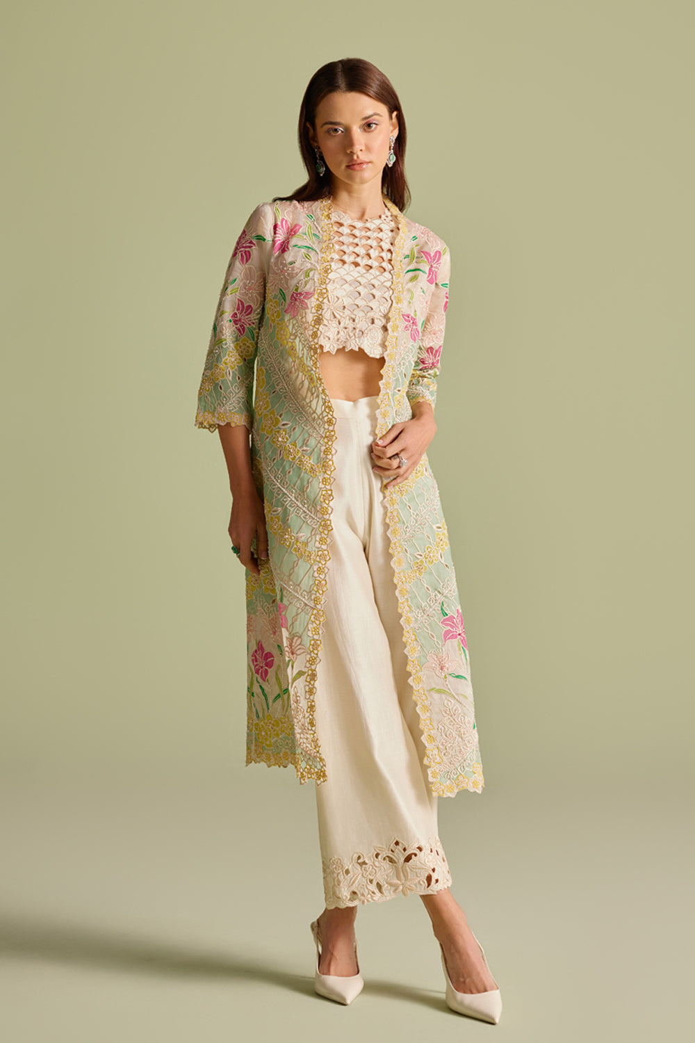 Ivory & Aqua Applique Long Jacket