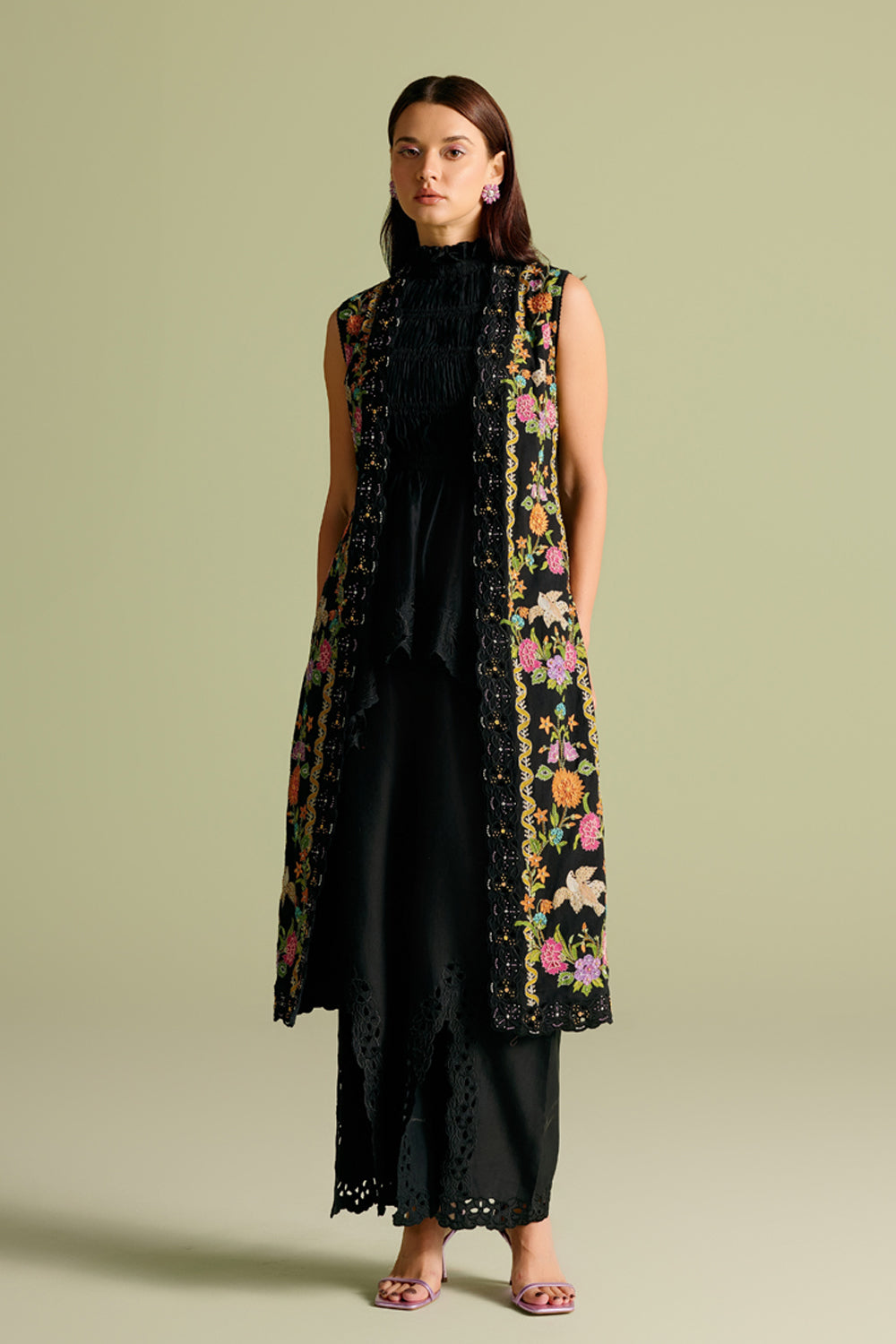 Black Ruched Cutwork Peplum Top