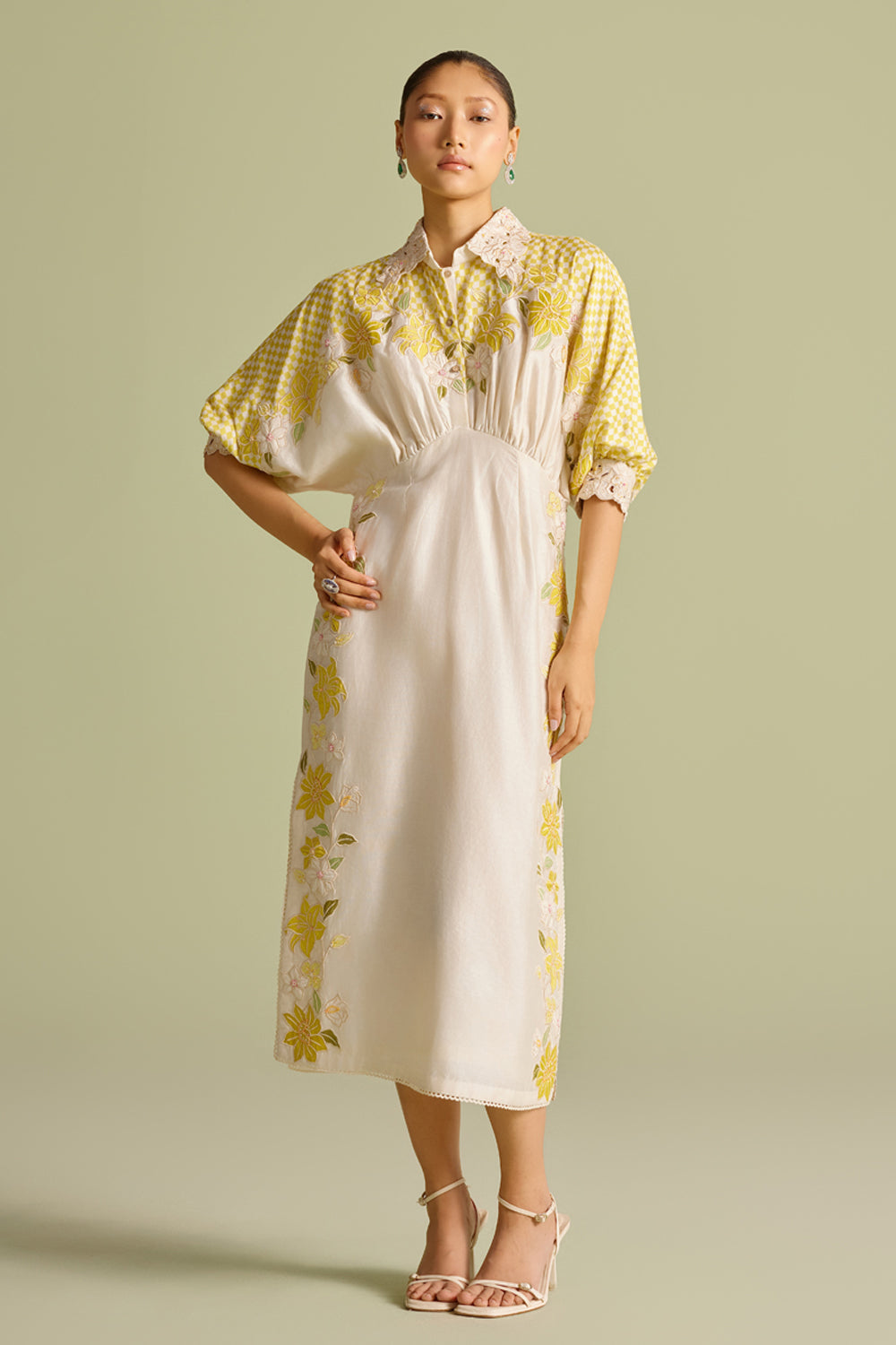 Ivory and Yellow Checkered Kimono Dress