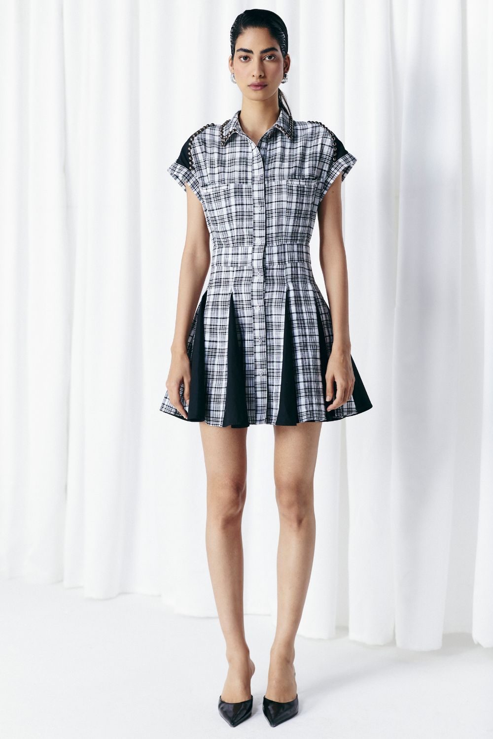 CHECK & SOLID PANEL STUDDED DRESS