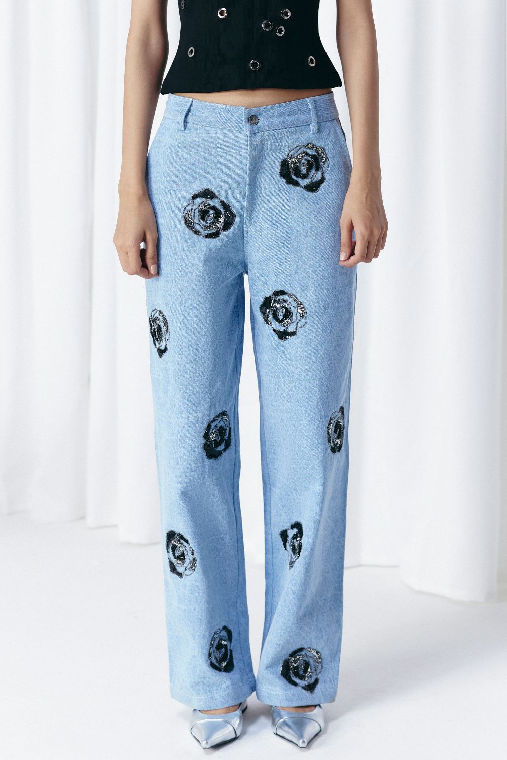 WASHED DENIM EMBELLISHED JEANS