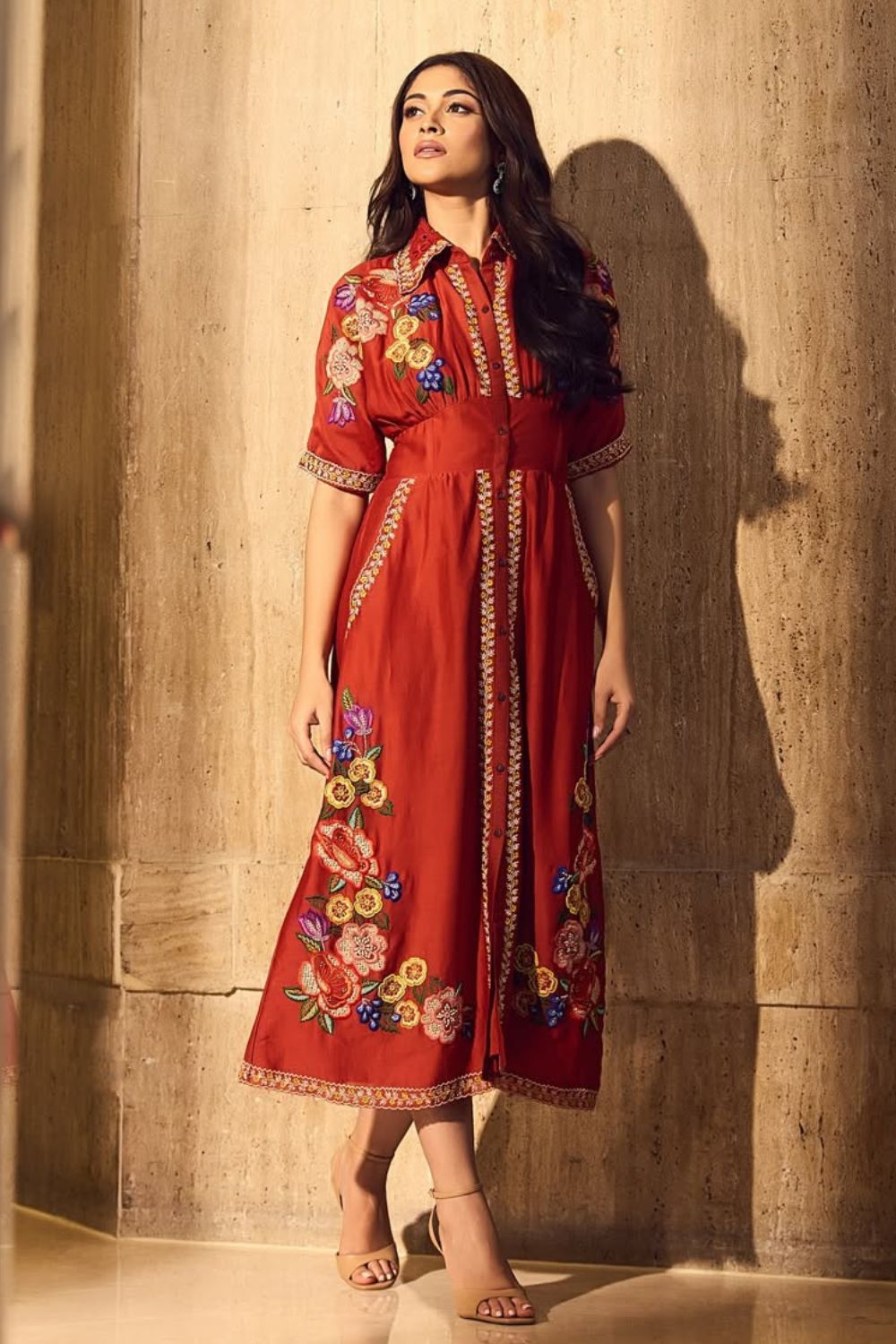 Nandini Guptaa In Our Red Embroidered Corseted Shirt Dress