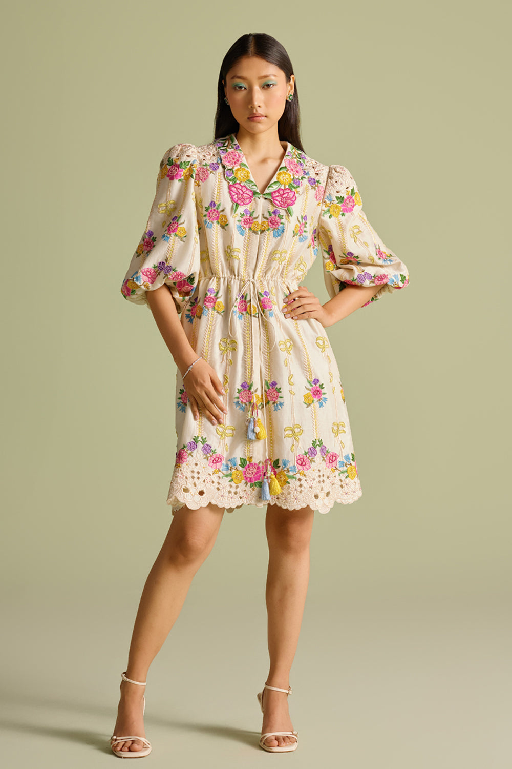 Ivory Floral Striped Short Shirt Dress