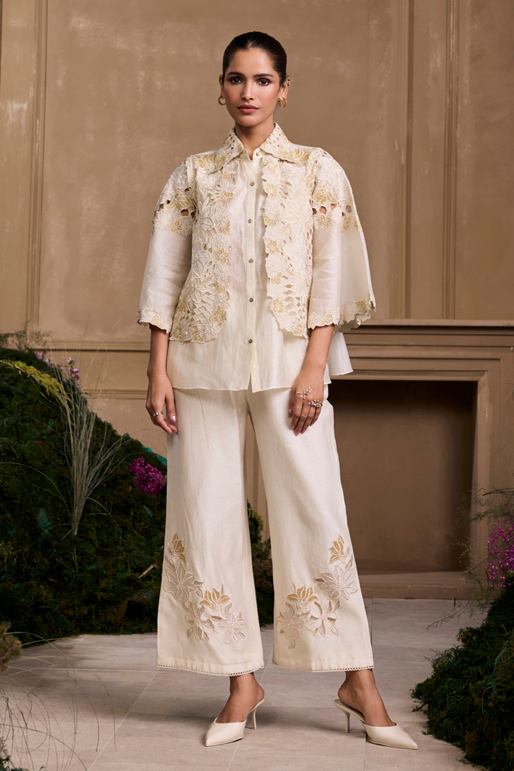 Ivory Metallic Applique Pants