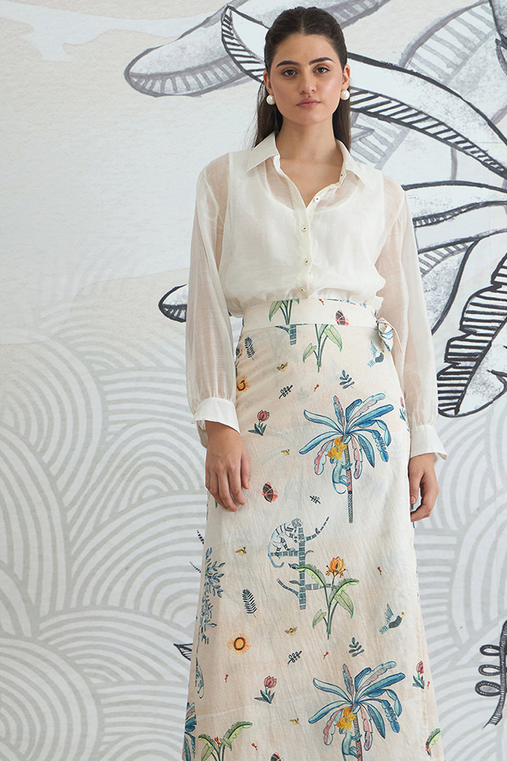 White Shirt With Jungle Wrap Skirt