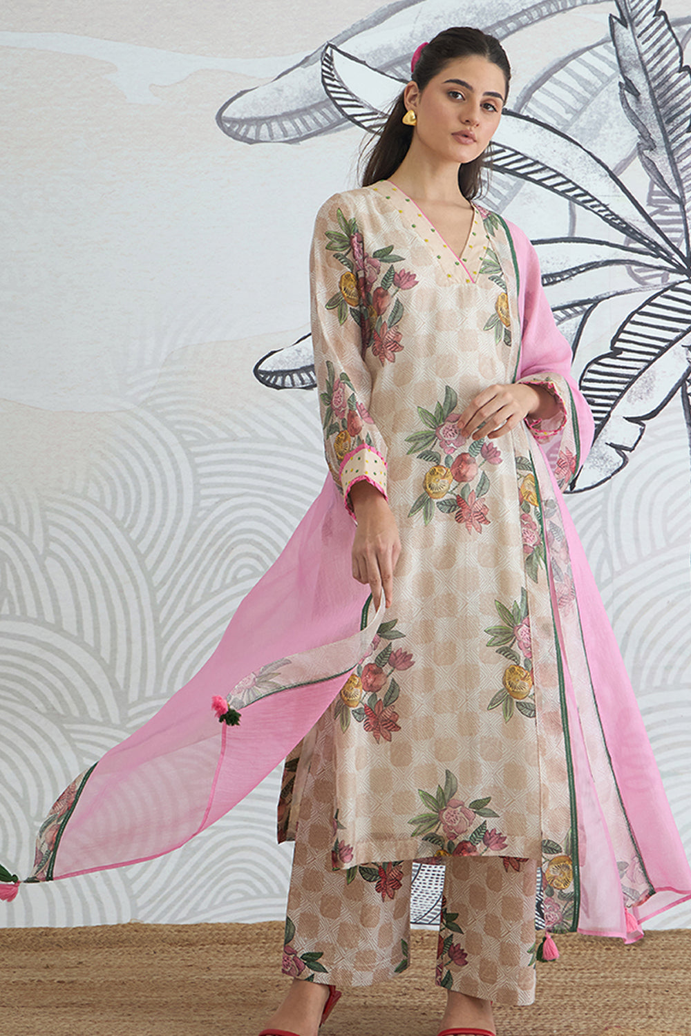 Beige Check Flower V-Neck Kurta Set