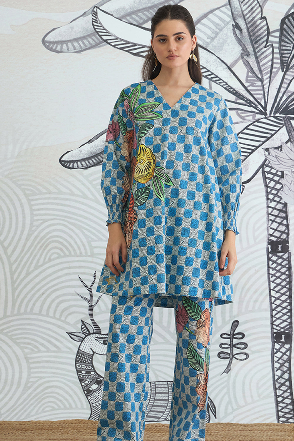 Blue Check Flower Co-ord Set