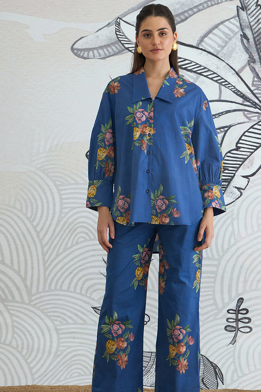 Blue Flower Big Collar Shirt With Blue Flower Pants