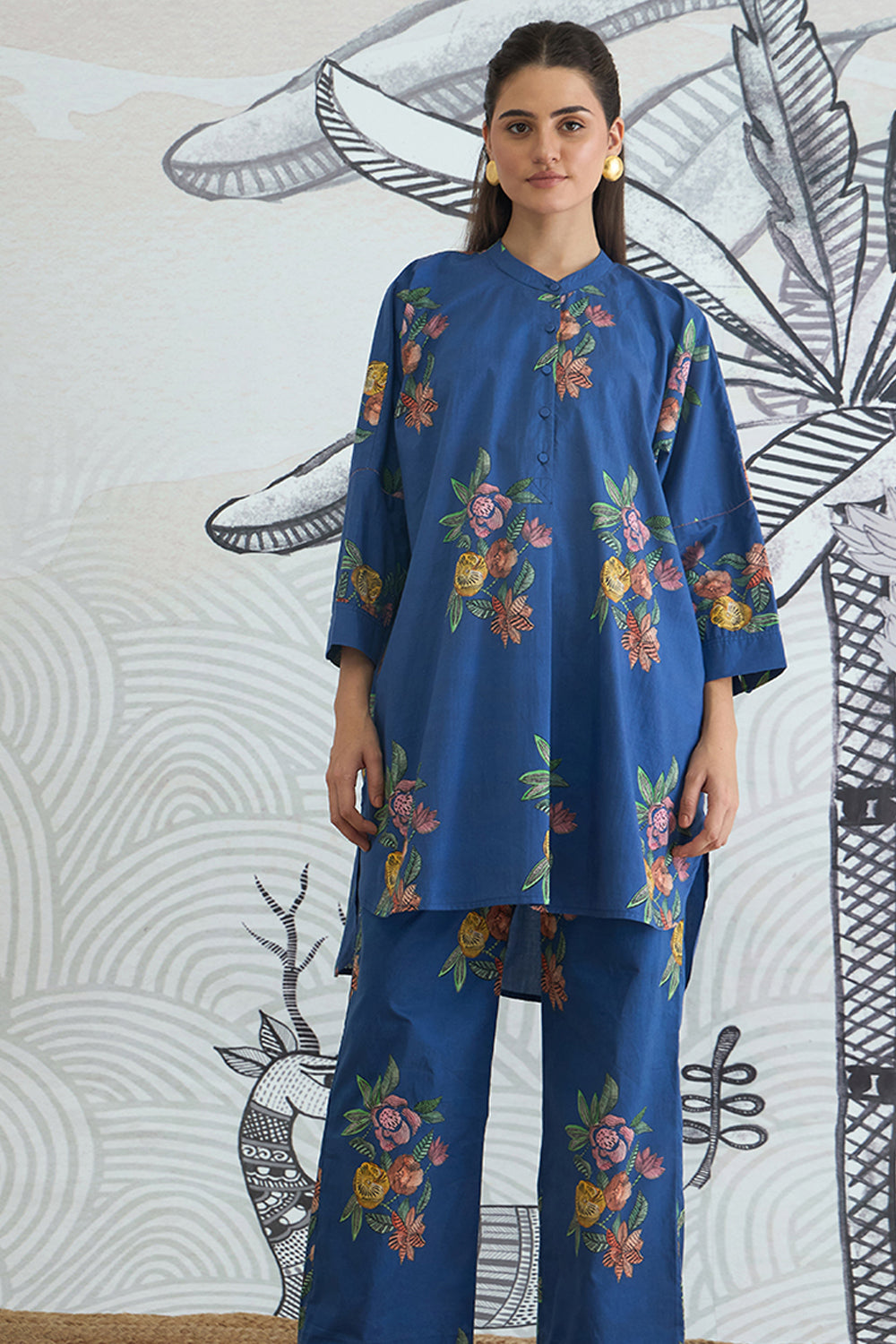 Blue Flower Kimono Tunic With Blue Flower Pants