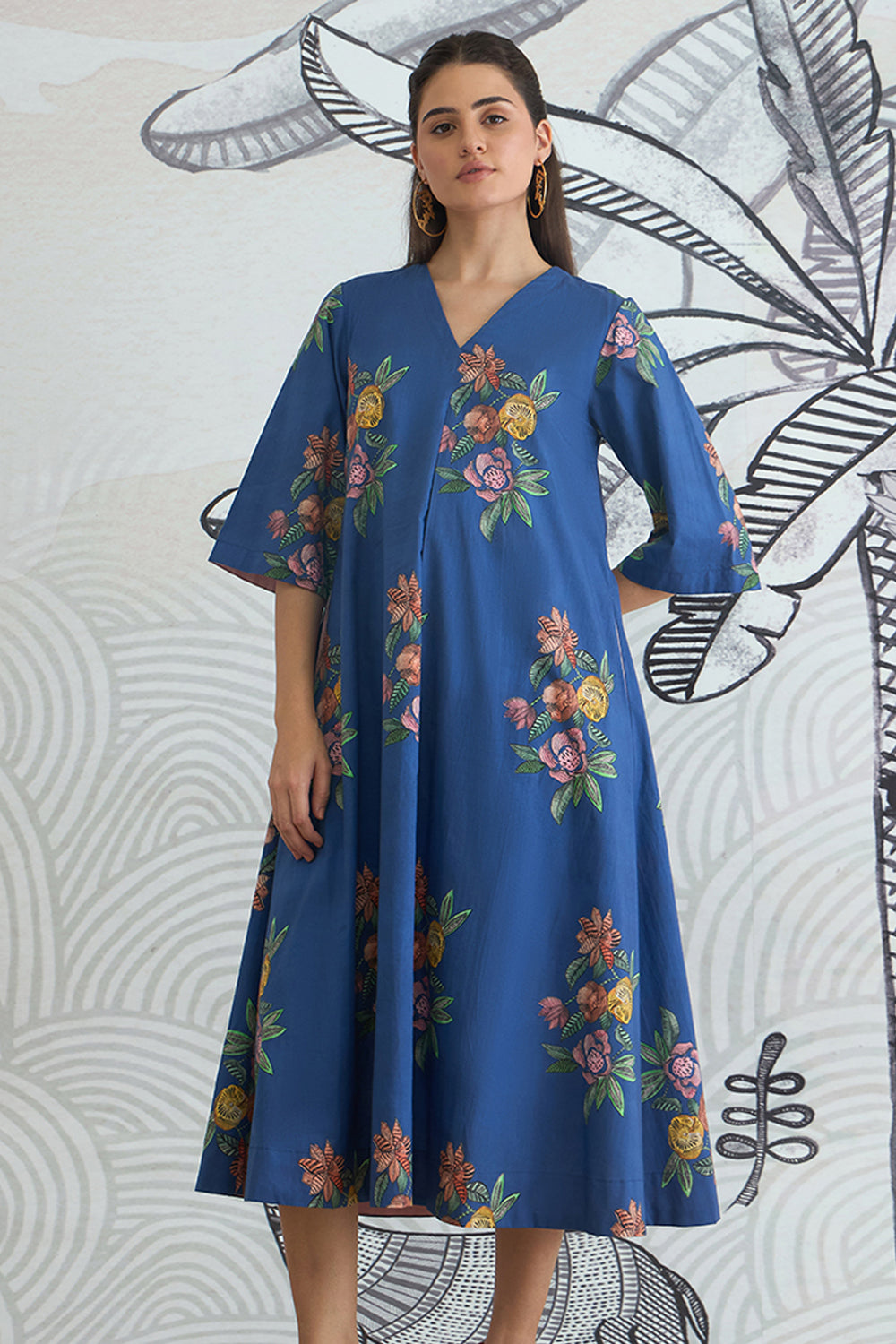 Blue Flower V-Neck Long Dress With Sleeves