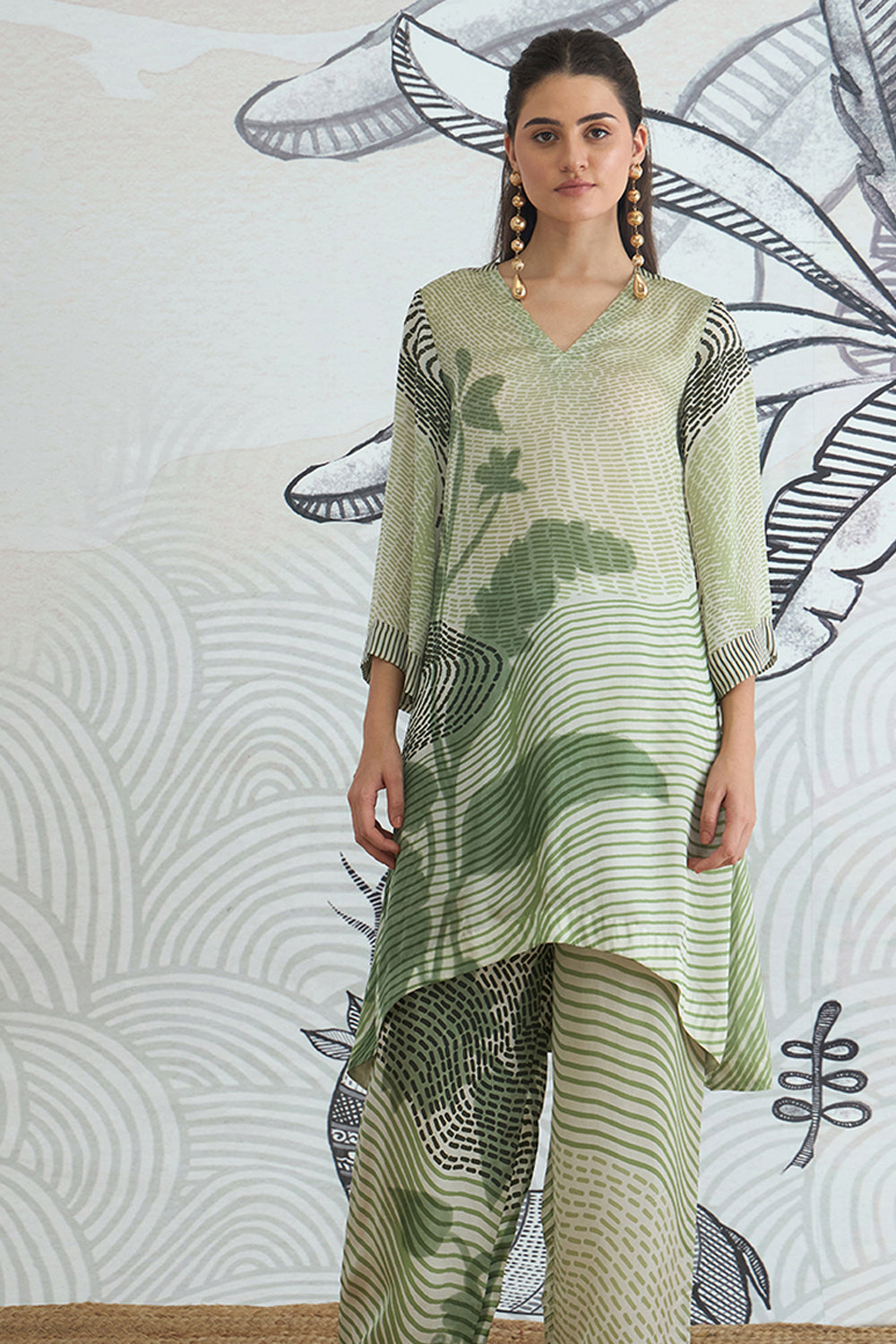 Green Texture High Low Tunic With Pants