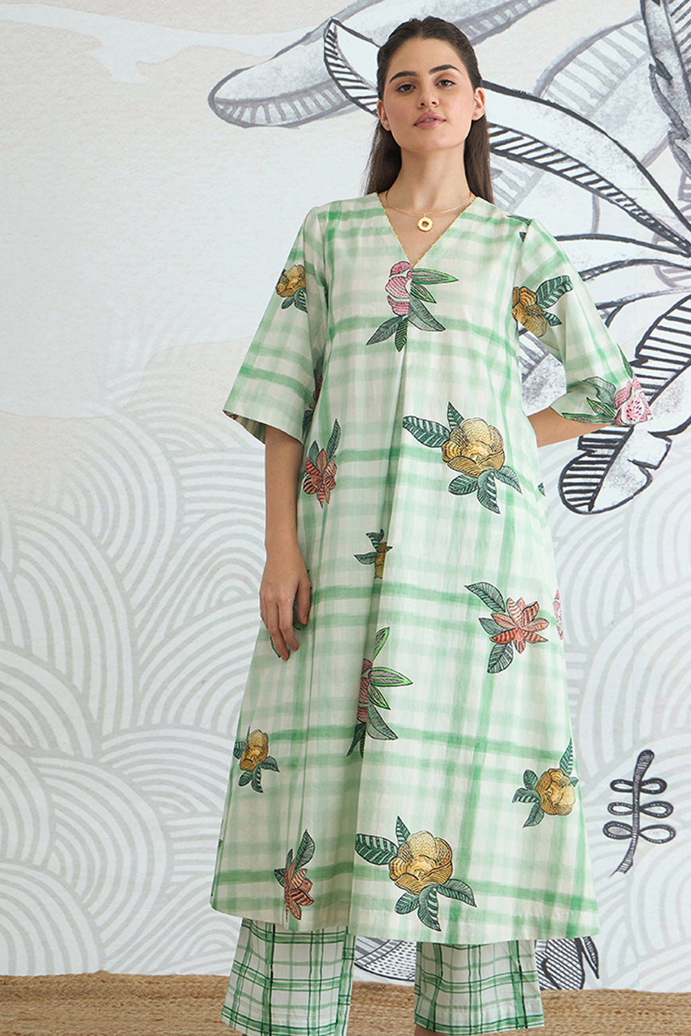 Green Check Flower All Over A-Line Kurta and Pants