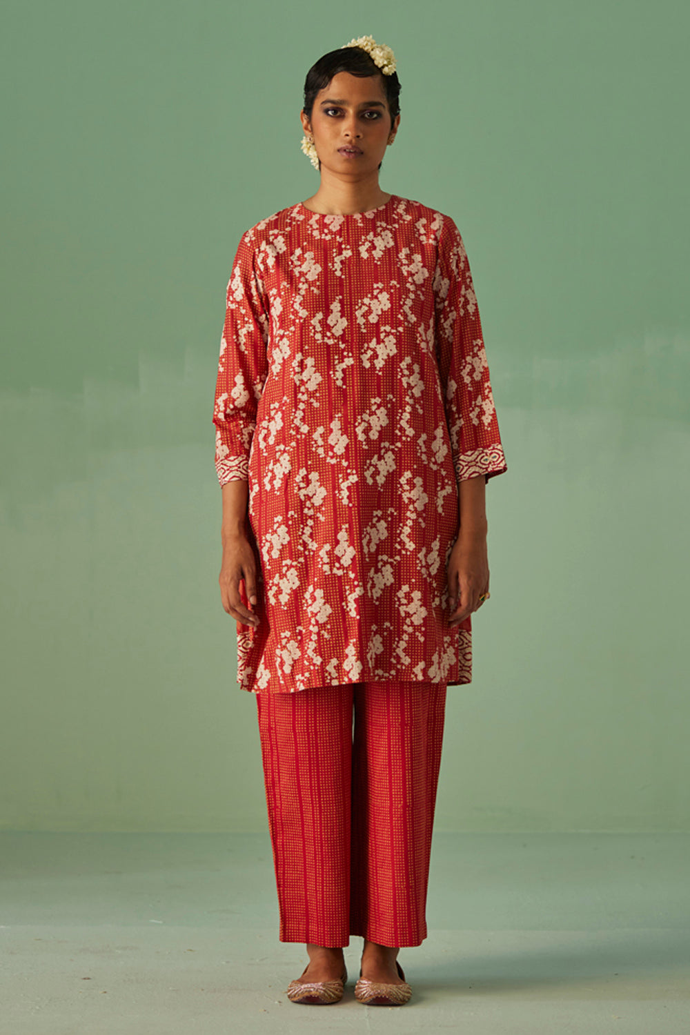 Red Back Pleat Kurta and Trouser Set
