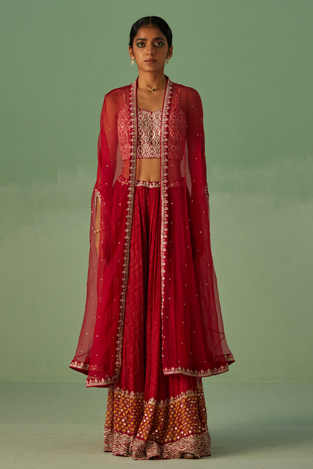 Red Organza Cape and Sharara Set