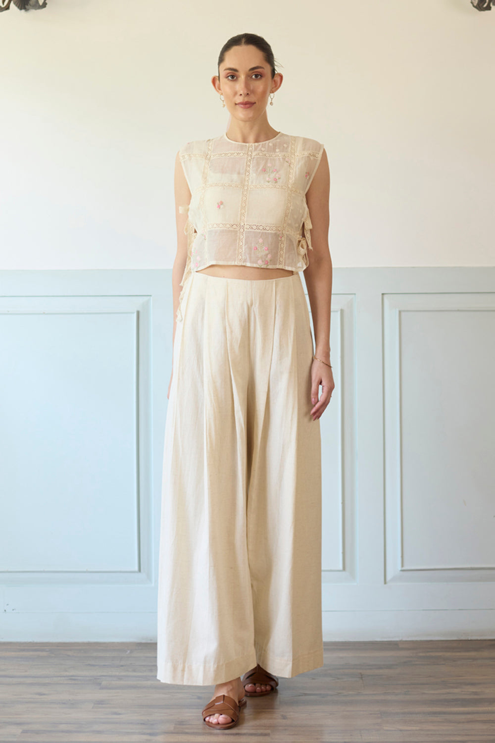 White & Pink Gillet Set With Bustier and Pants