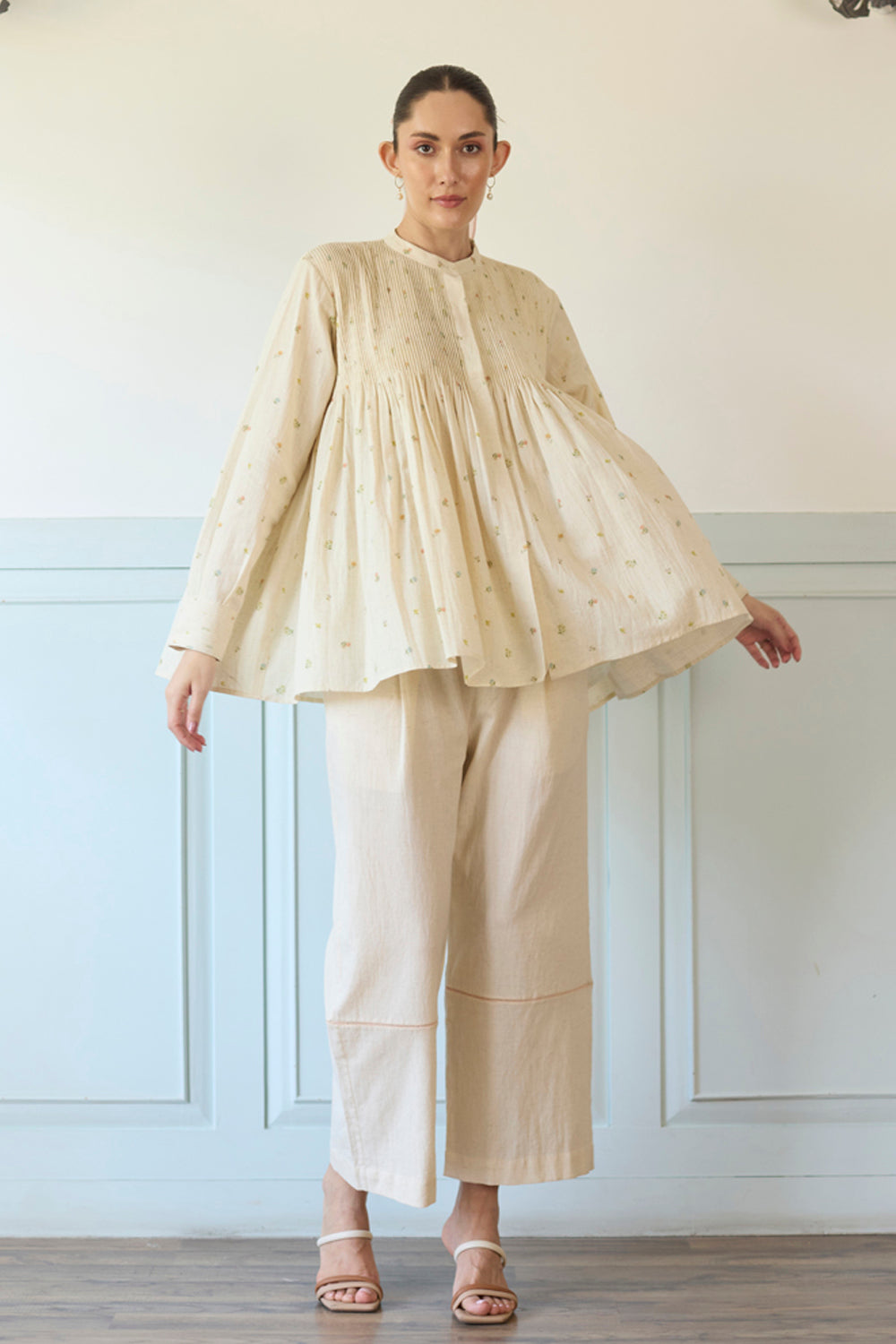 Beige Pleated Top With Pants Set