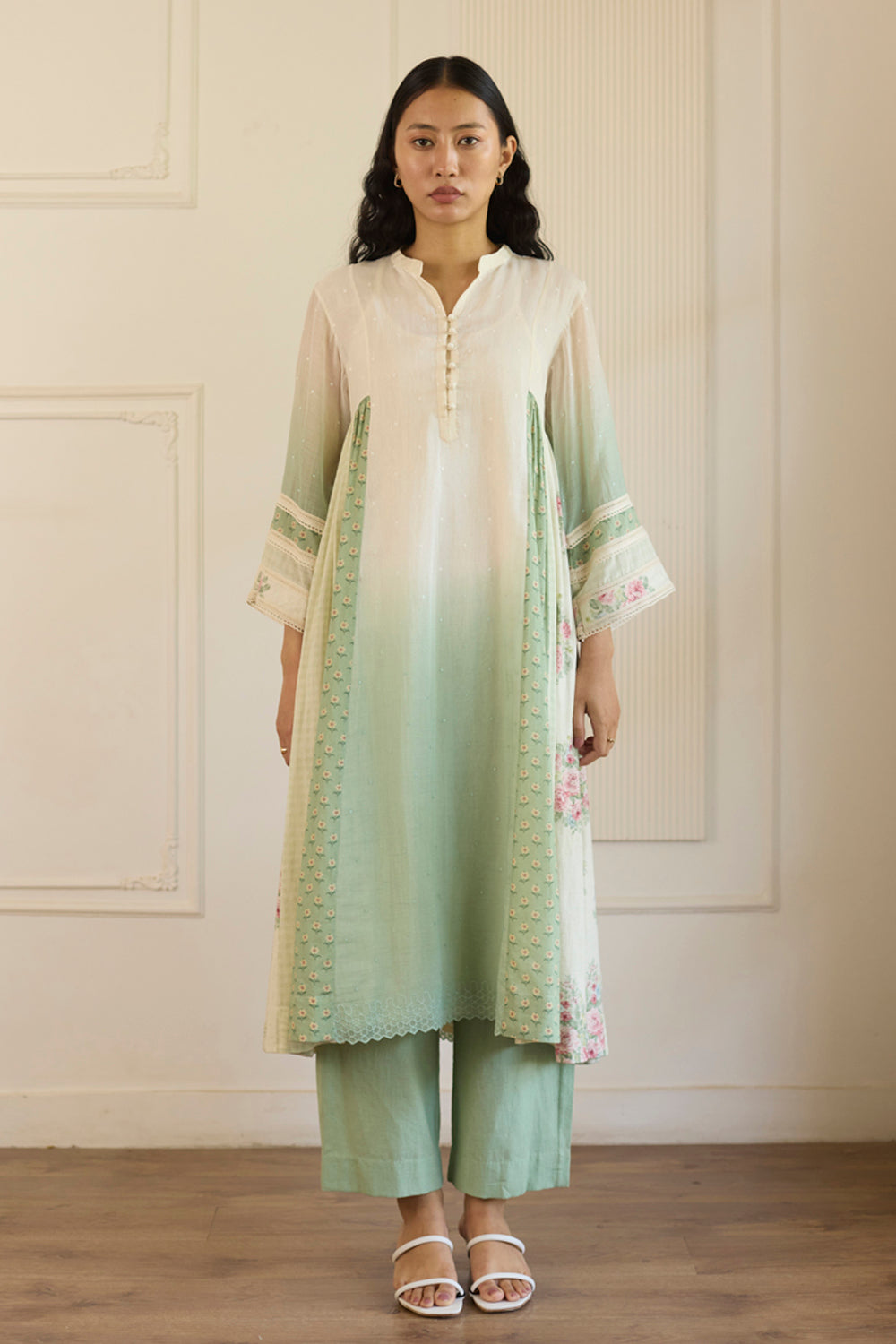 White & Green Ombre Kurta/Tunic With Pants