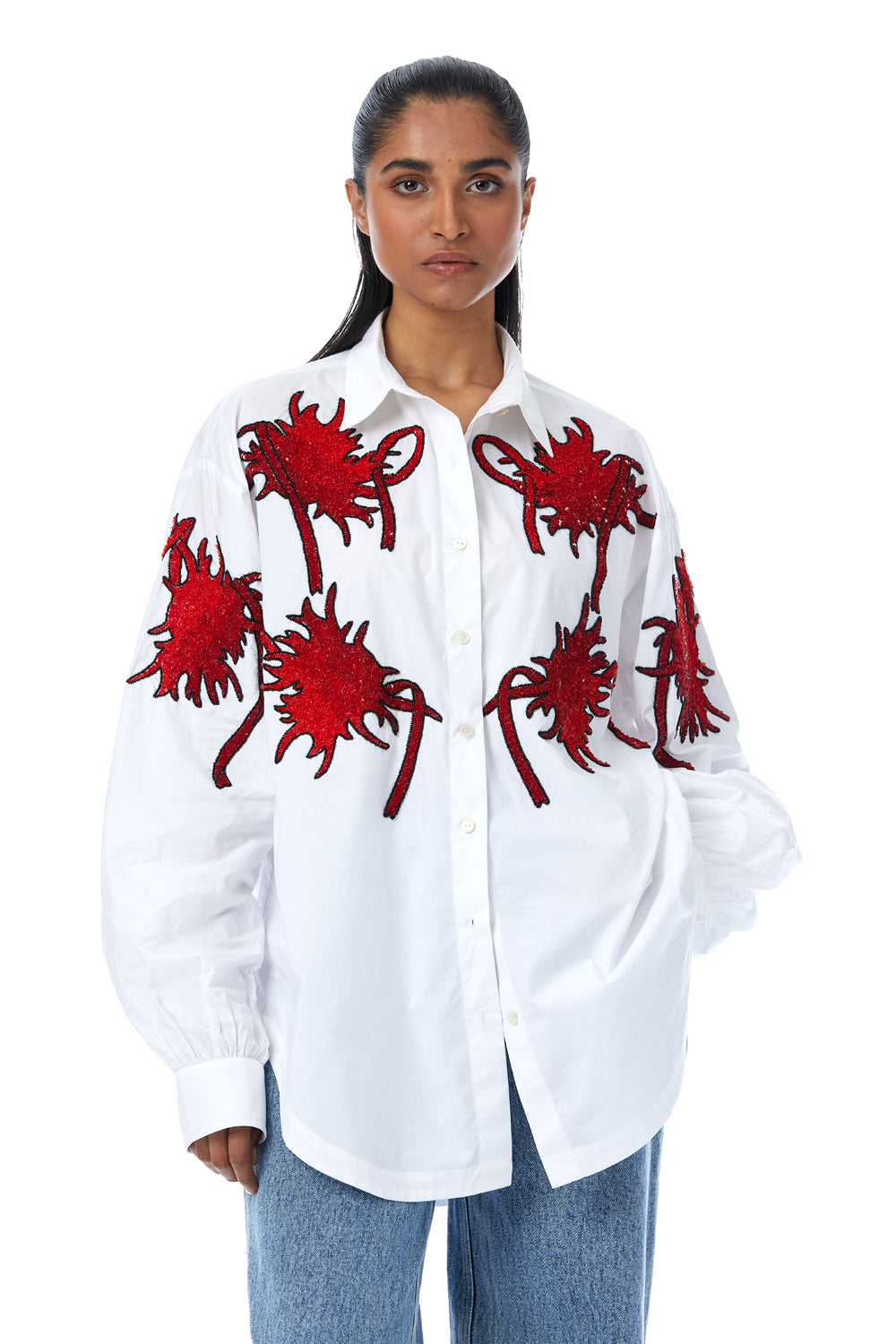 'Fiery Bloom' Hand Embellished Shirt
