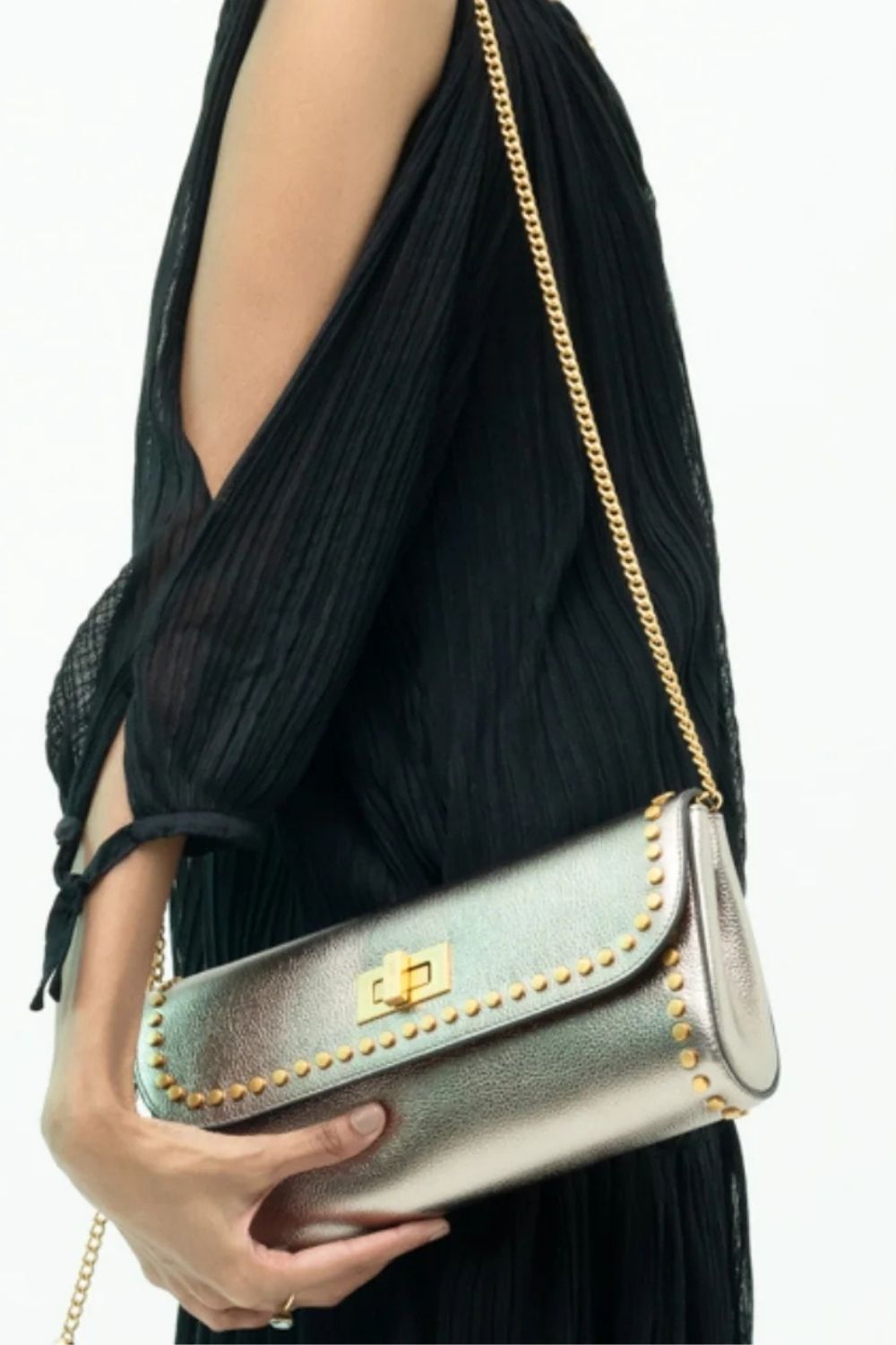 Metallic Pewter Slim Studded Clutch Bag
