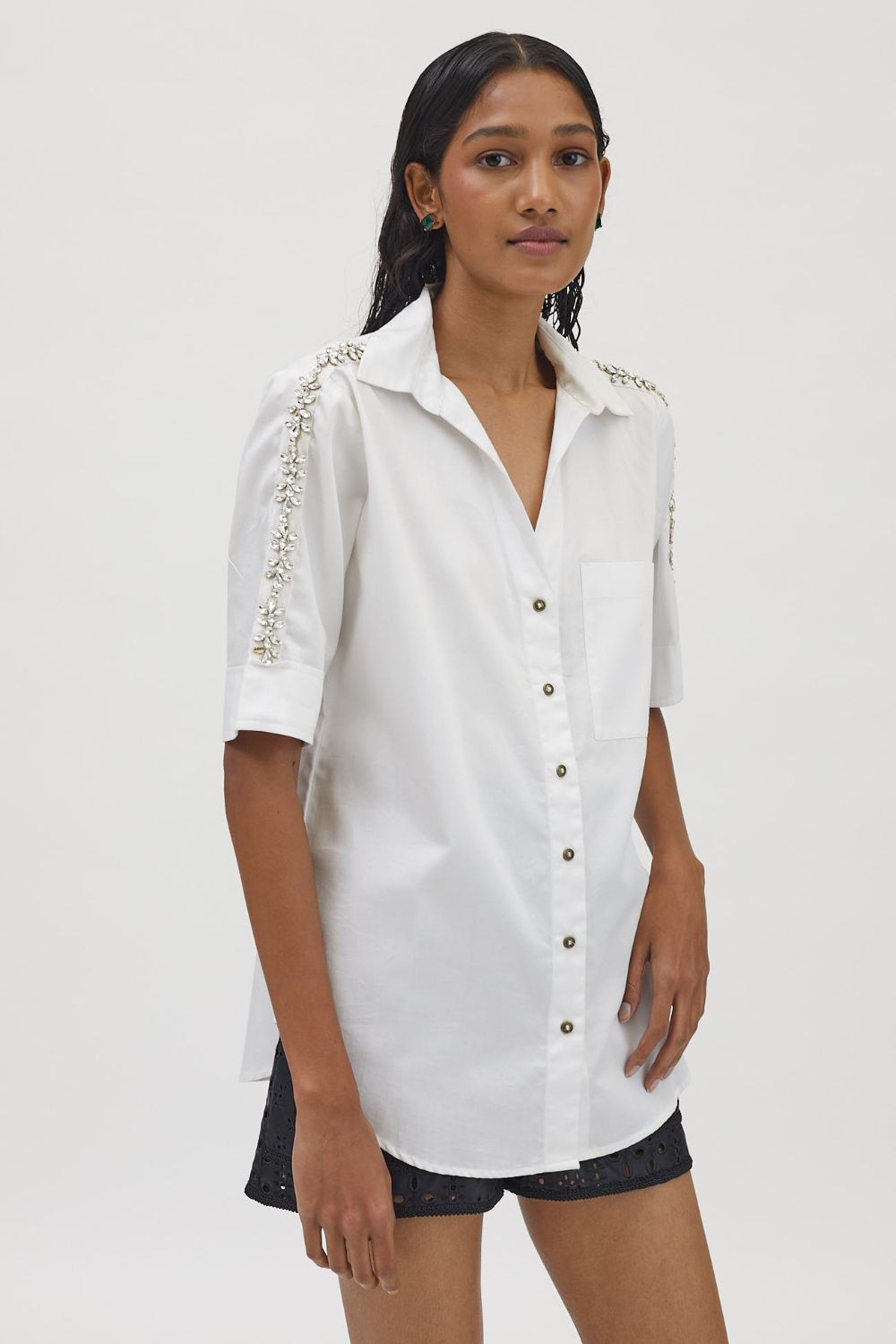 White Monochrome Flower Swarovski Ribbon Shirt