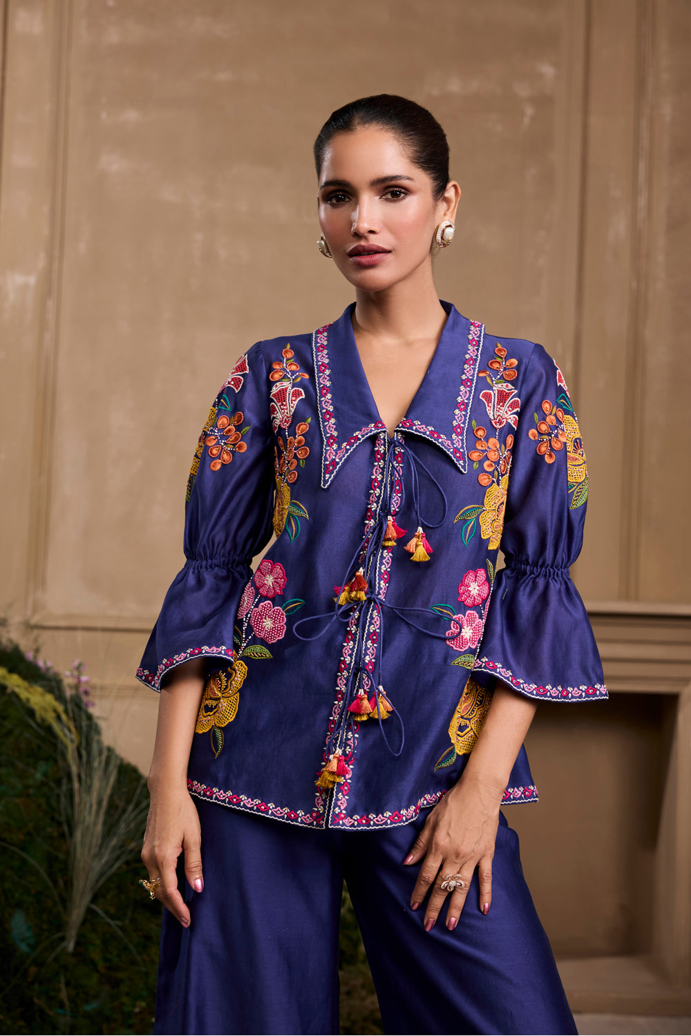 Cobalt Blue Floral Applique Tie-up Shirt