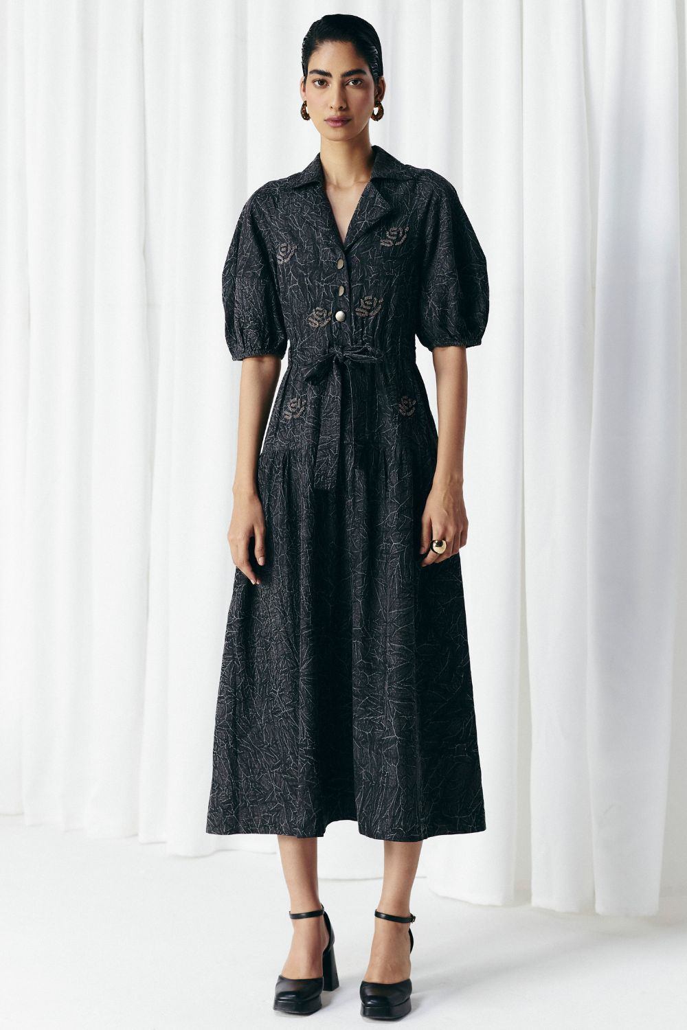 WASHED DENIM EMBELLISHED DRESS