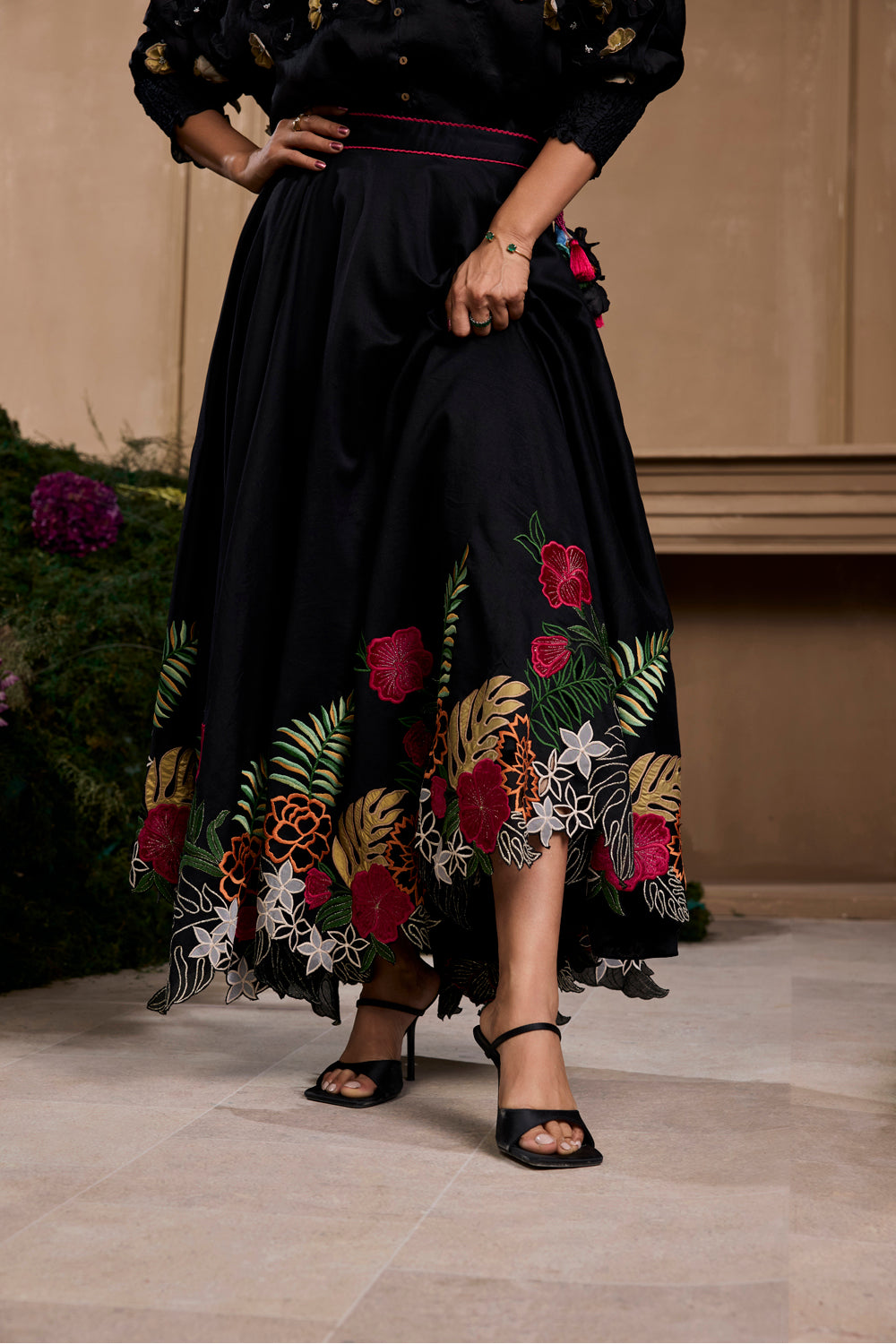 Black Floral Foliage Applique and Cutwork Skirt