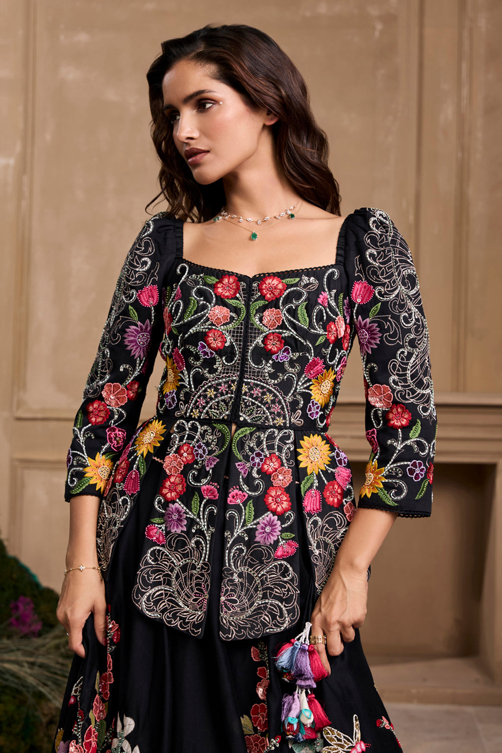 Black Floral Embroidered Panelled Jacket