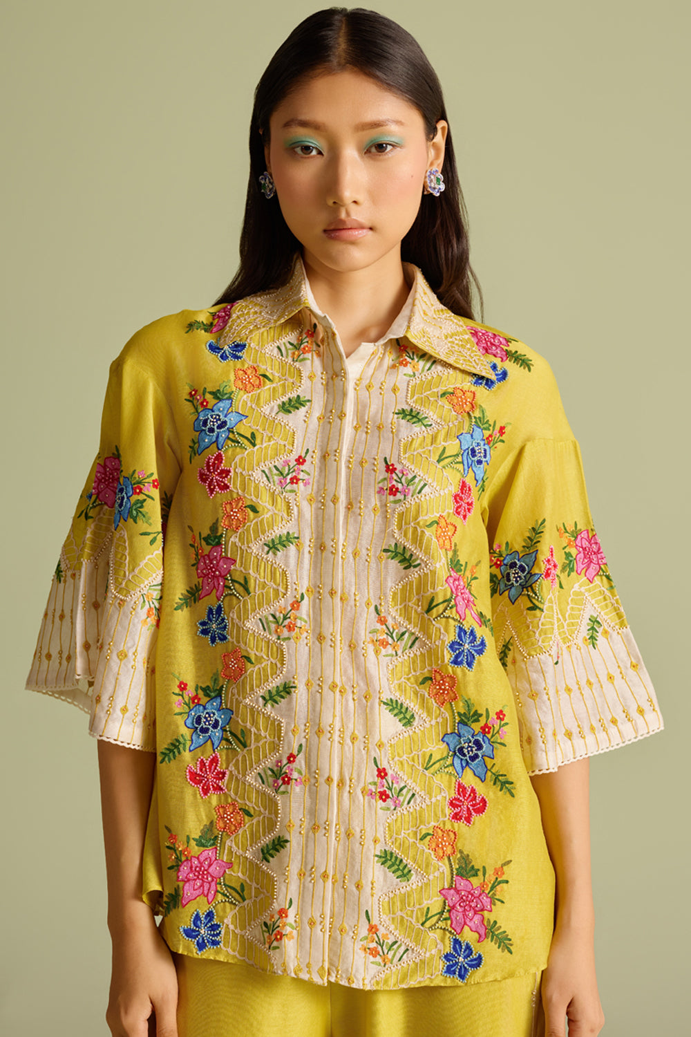 Yellow Floral Embroidered Color Block Shirt