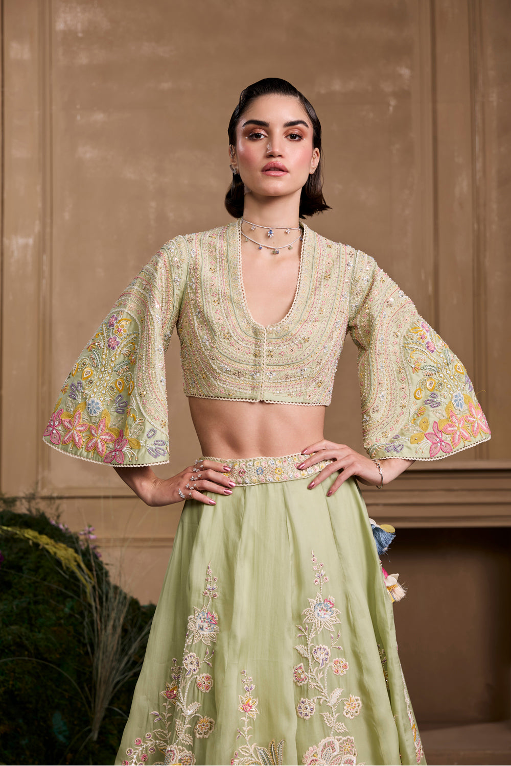 Mint Green Contrast Embroidered Bolero Jacket