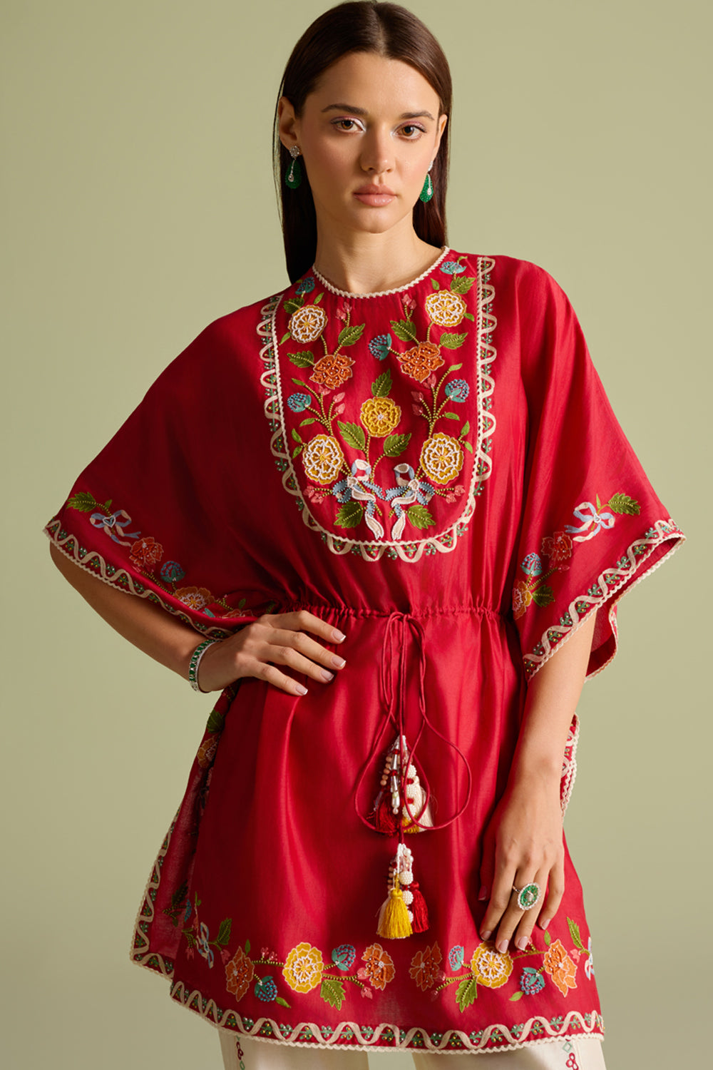 Red Embroidered Yoke Detail Kaftan