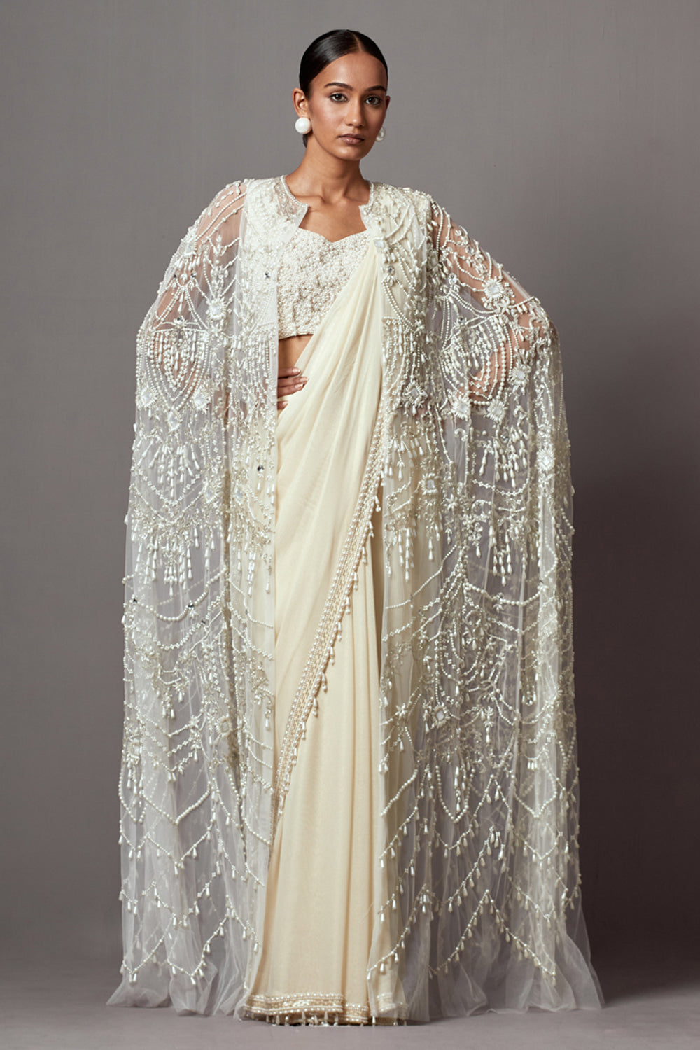 Ivory Feather Cape Saree
