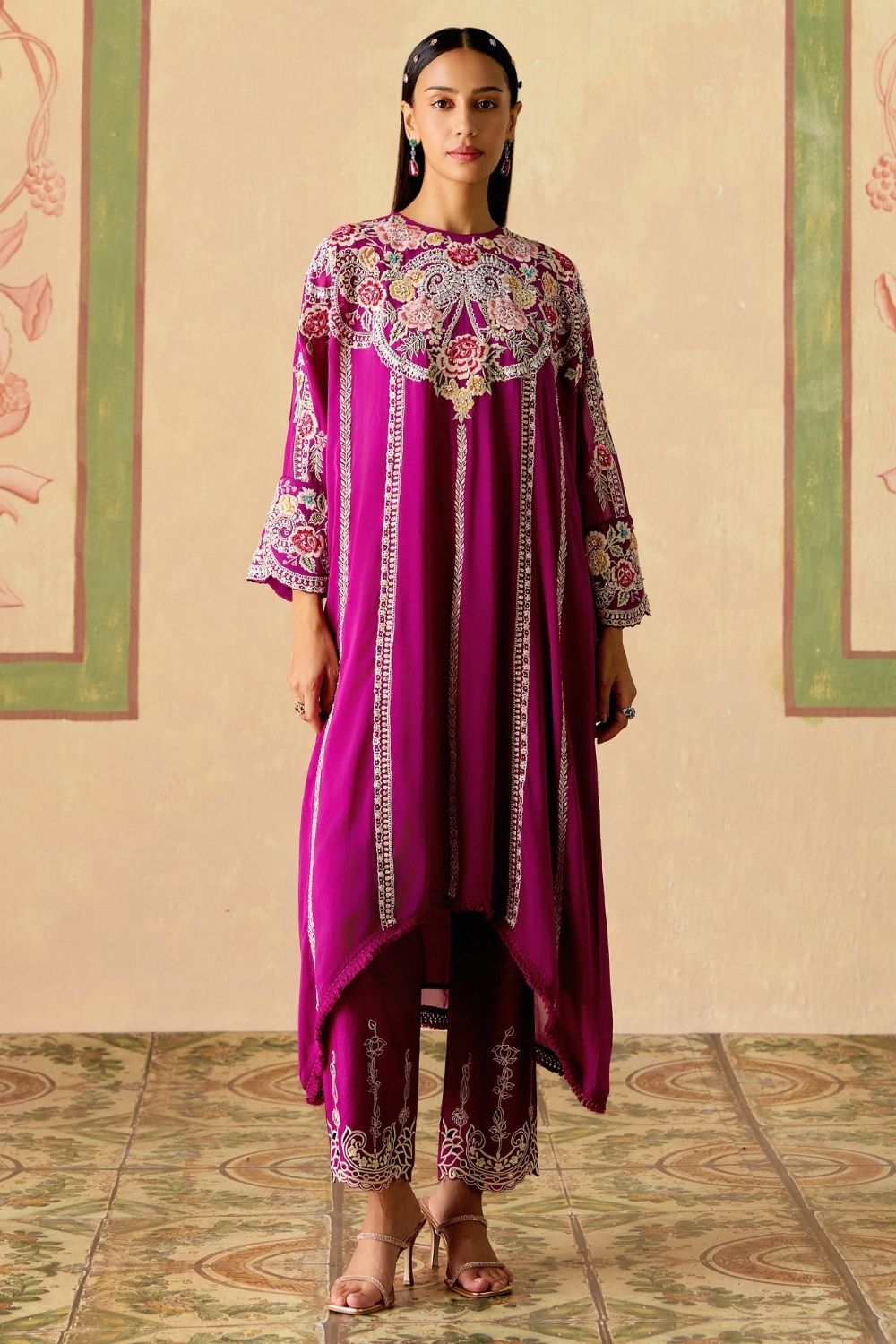 Purple contrast embroidered kimono kurta with narrow pants