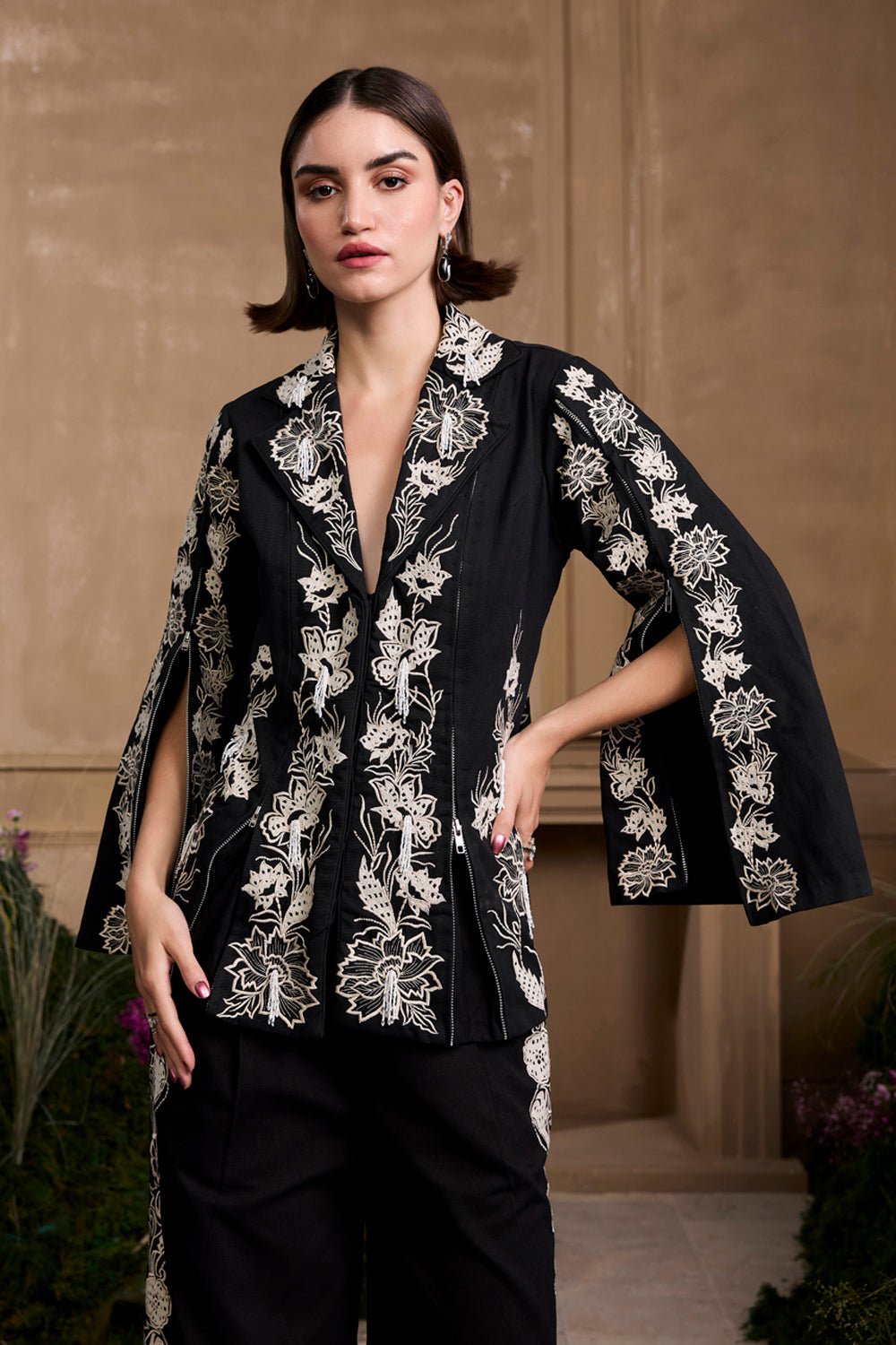 Black Contrast Work Zipper Detail Jacket