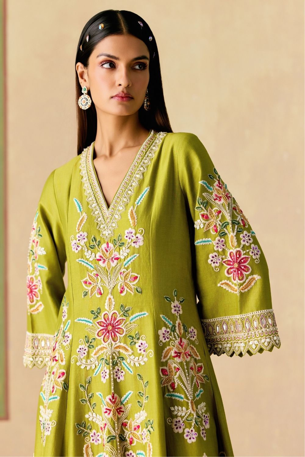 Olive contrast cordwork flared short kurta with bell bottom pants