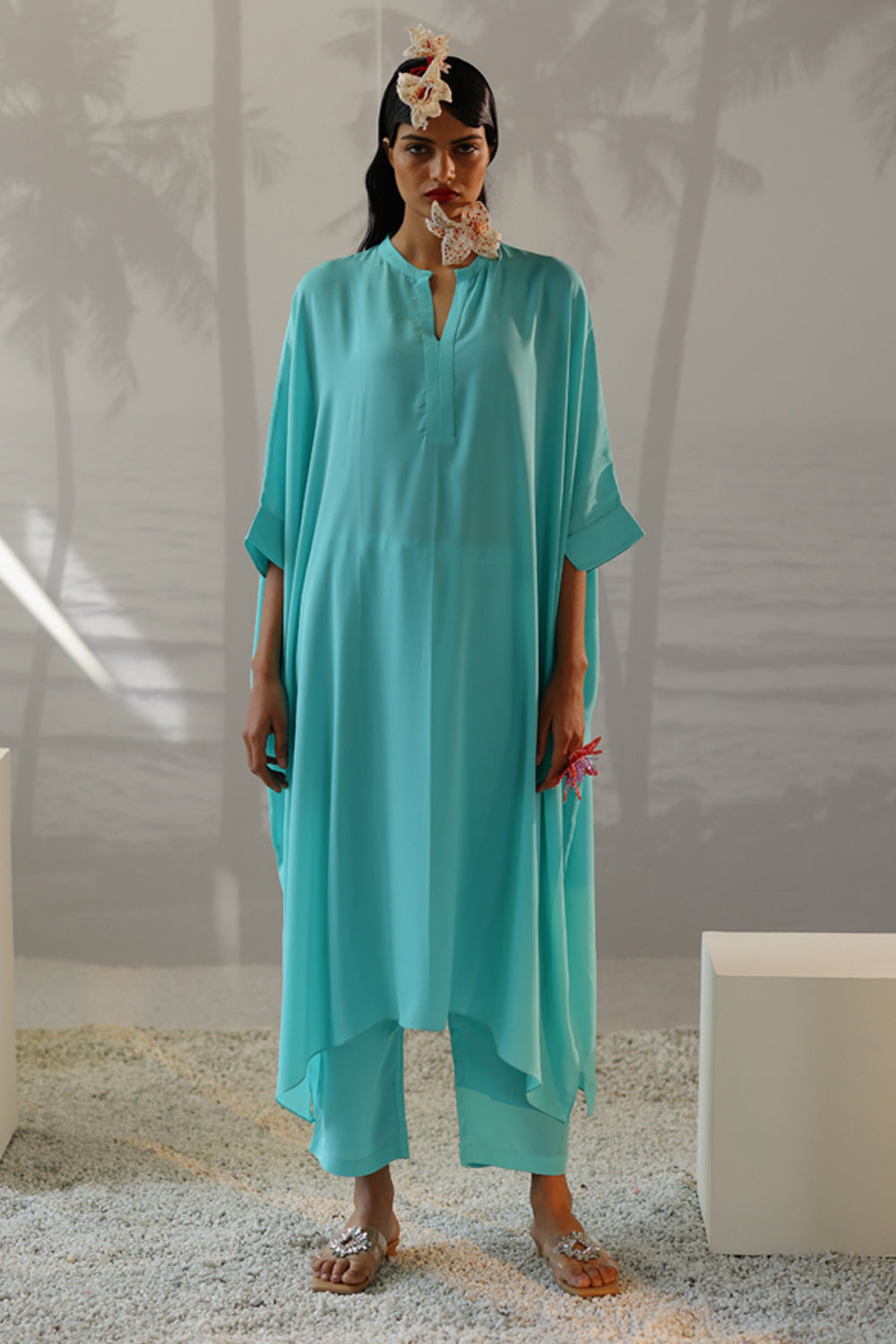 Long Aqua Kaftan Set