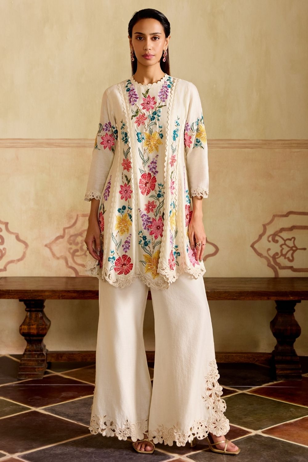 Ivory Mosaic vines flared short kurta with cutwork bell bottoms